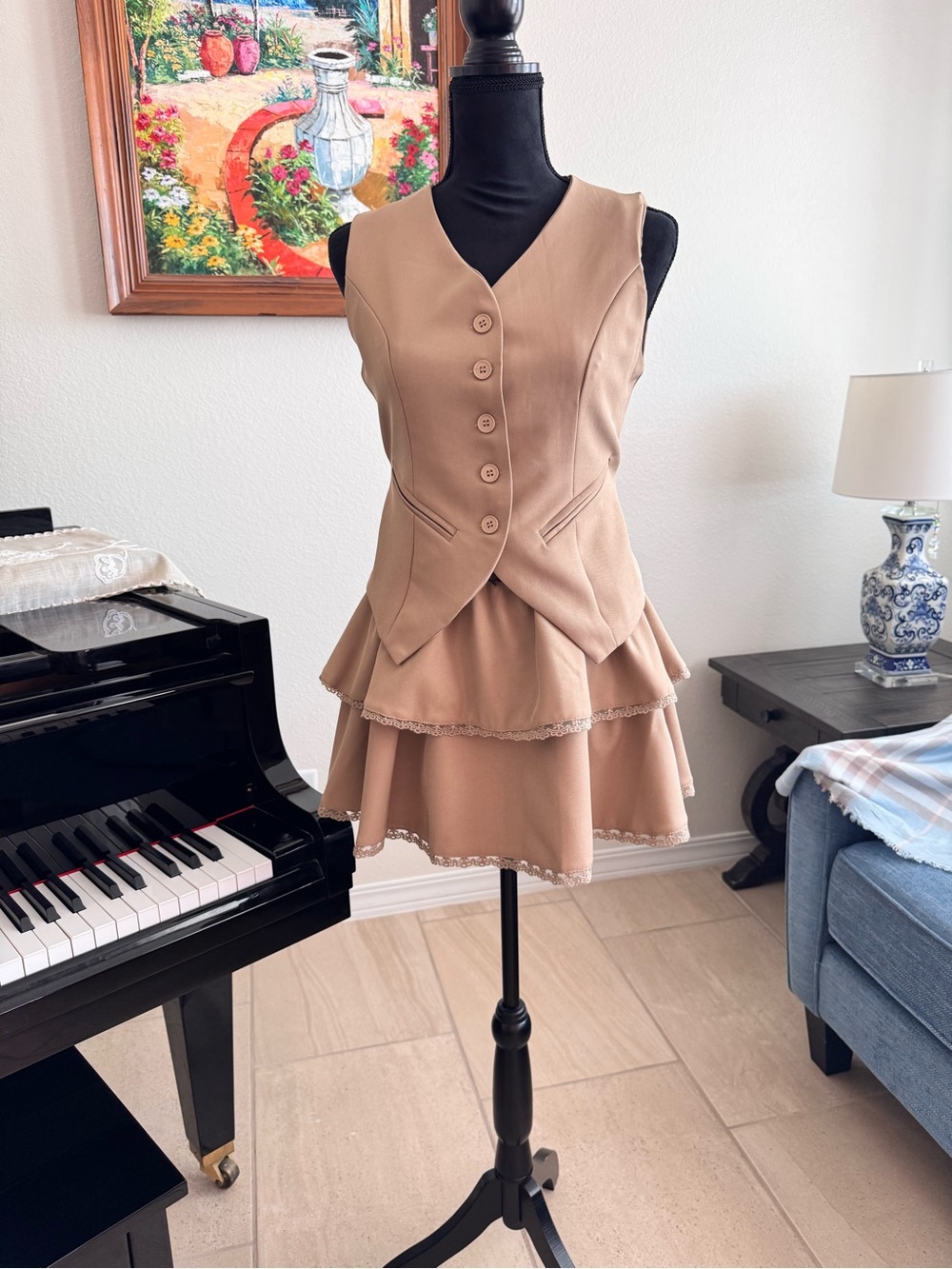 Classic Tan Tiered 2-pc Dress with Buttoned Vest - Picture 3 of 14